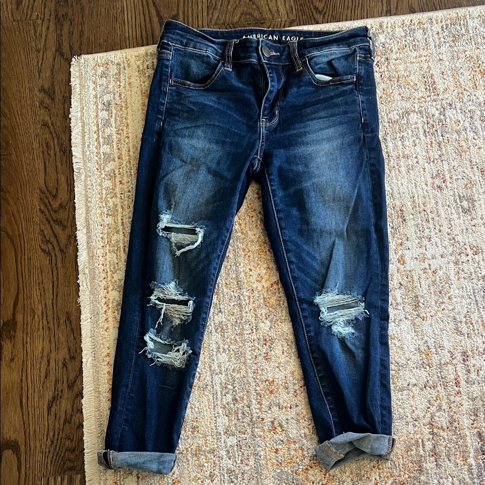 American Eagle Outfitters Women's Dark Blue Distressed Boyfriend Jeans